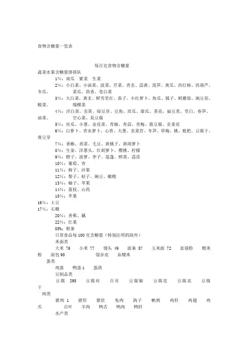 食物含糖量一览表