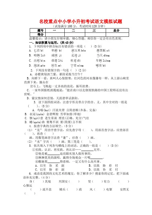 2019年沈阳市小升初语文模拟试题(共5套)详细答案5