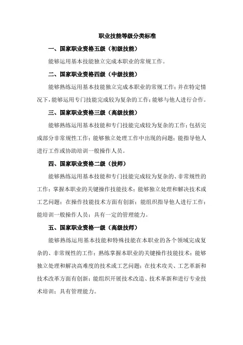 职业技能等级分类标准