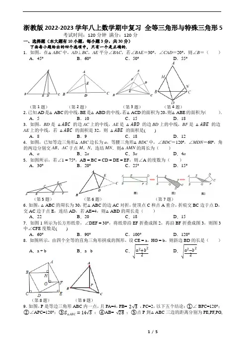 浙教版2022-2023学年八上数学期中复习 全等三角形与特殊三角形