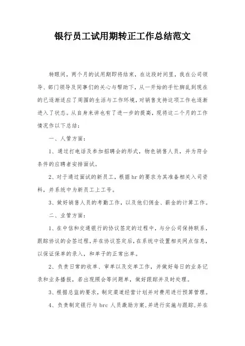 银行员工试用期转正工作总结范文