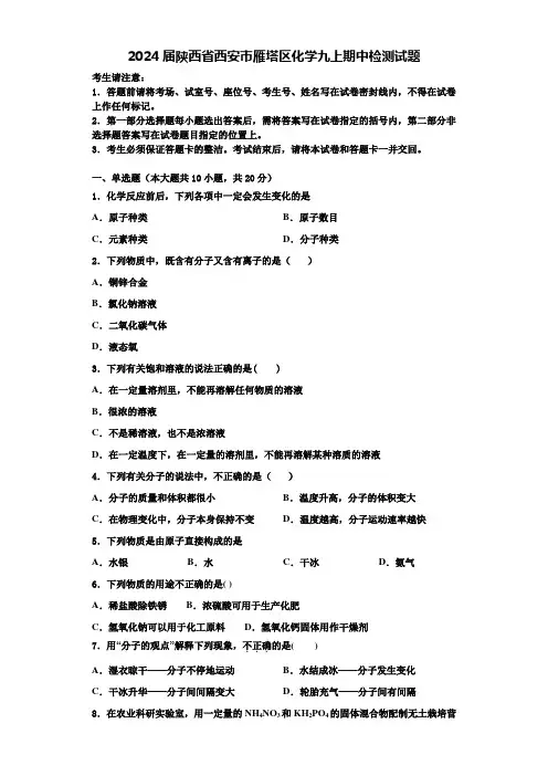 2024届陕西省西安市雁塔区化学九上期中检测试题含解析