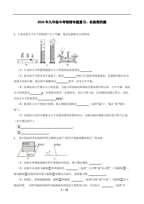 2024年九年级中考物理专题复习：实验探究题