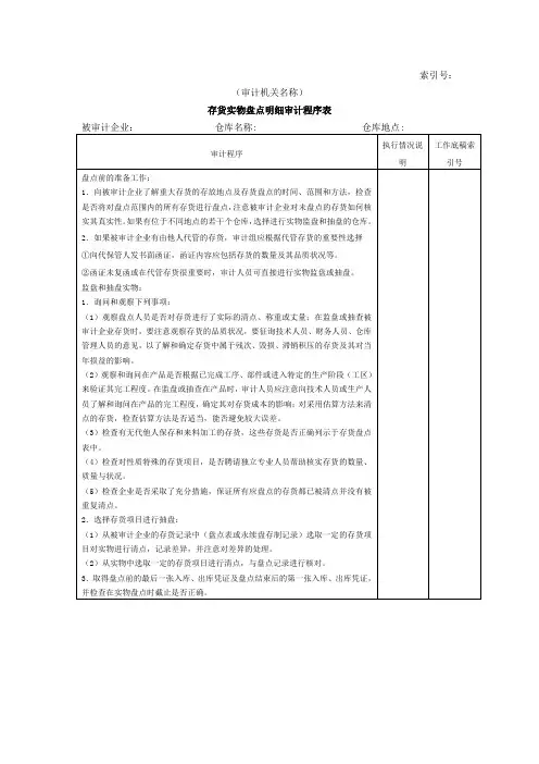 存货实物盘点明细审计程序表 表格 格式 
