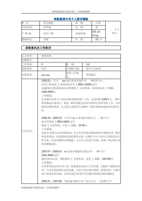 寿险渠道专员 个人简历模板