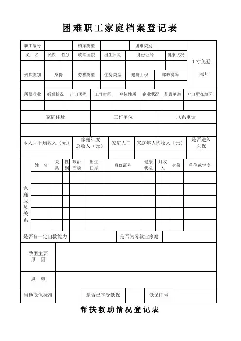 困难职工家庭档案登记表