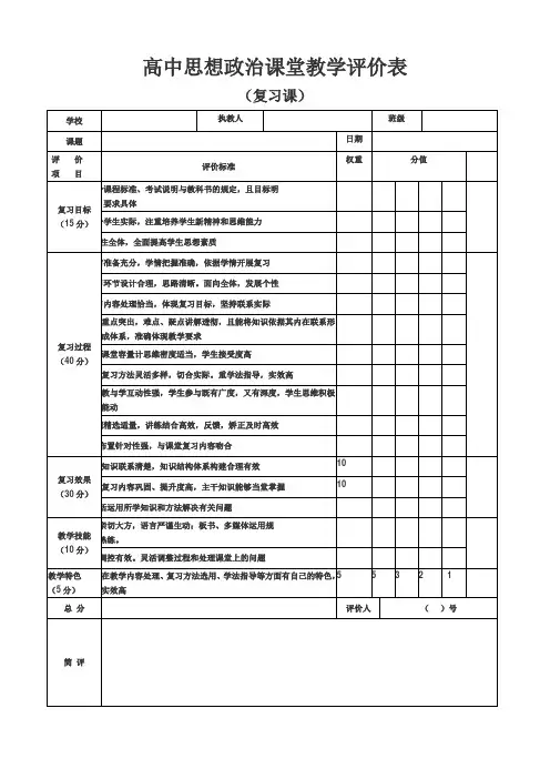 高中思想政治课堂教学评价表