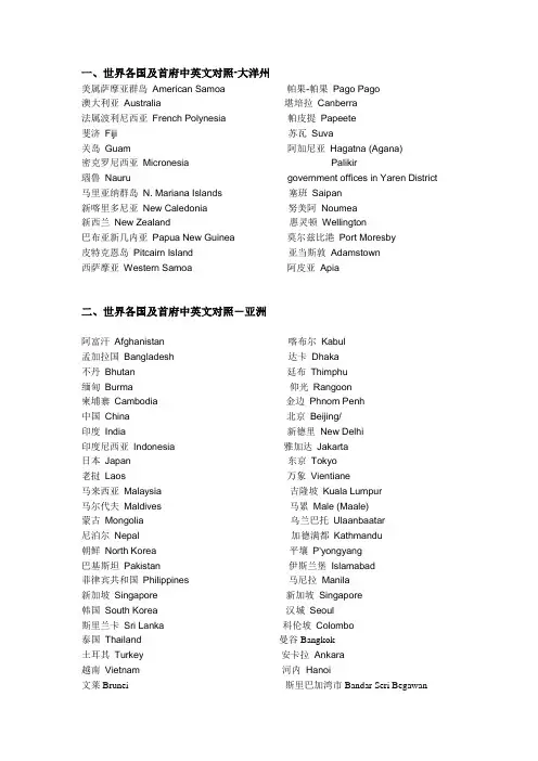 各大洲国家及首都  英文