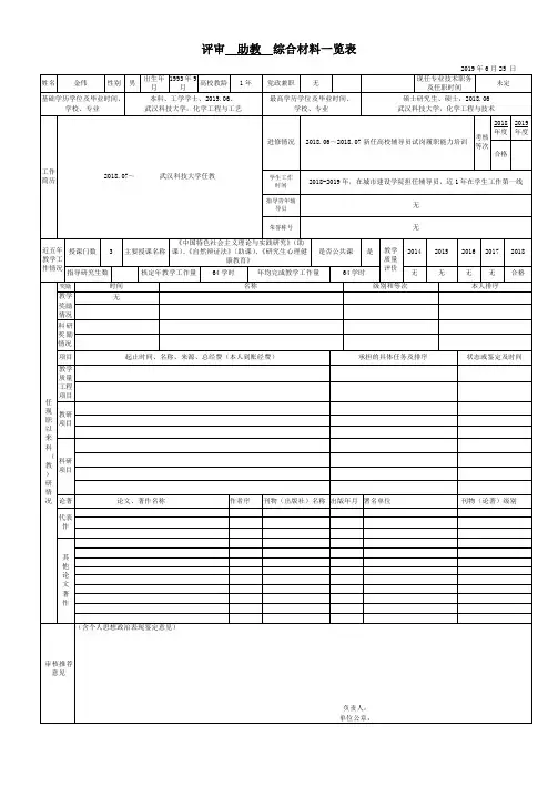 评审助教综合材料一览表