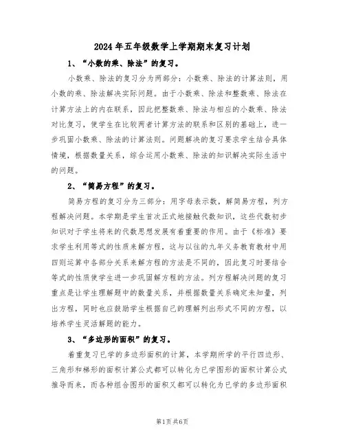 2024年五年级数学上学期期末复习计划（二篇）