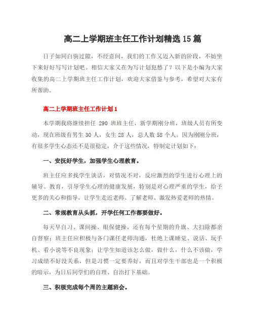 高二上学期班主任工作计划15篇