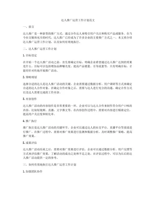 达人推广运营工作计划范文