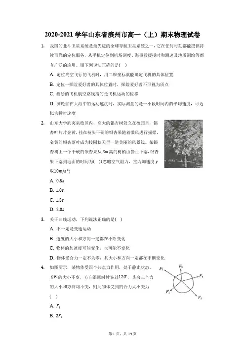 2020-2021学年山东省滨州市高一(上)期末物理试卷(附答案详解)
