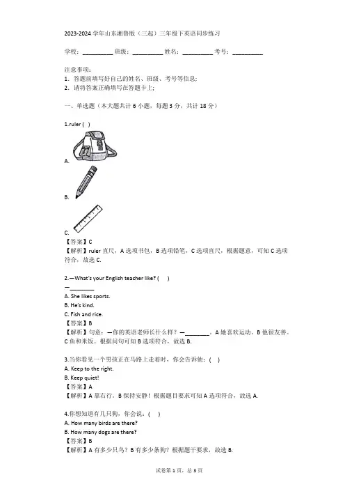 2023-2024学年山东湘鲁版(三起)三年级下英语同步练习(真题及答案)
