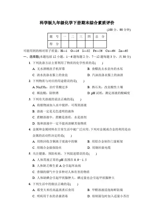 科学版九年级化学下册期末综合素质评价 附答案