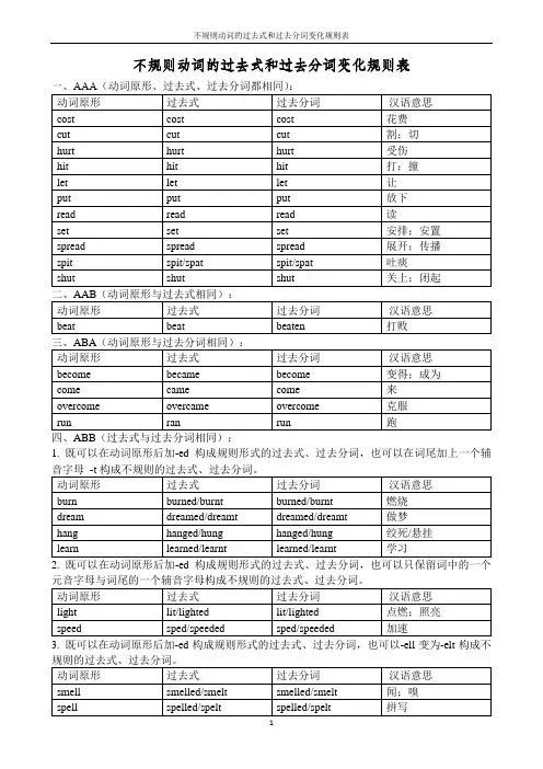 不规则动词的过去式和过去分词变化规则表