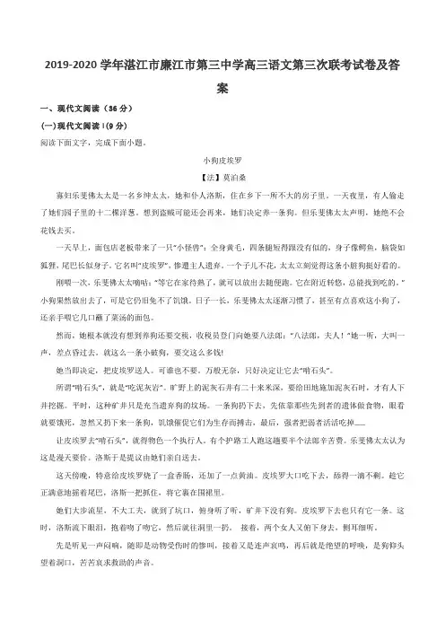 2019-2020学年湛江市廉江市第三中学高三语文第三次联考试卷及答案