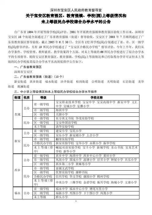 宝安区教育强区、教育强镇、学校(园)上等级情况