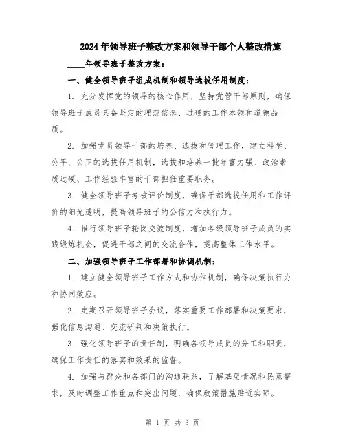 2024年领导班子整改方案和领导干部个人整改措施