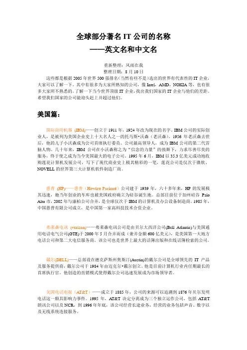 全球著名IT公司的英文名称和中文名称