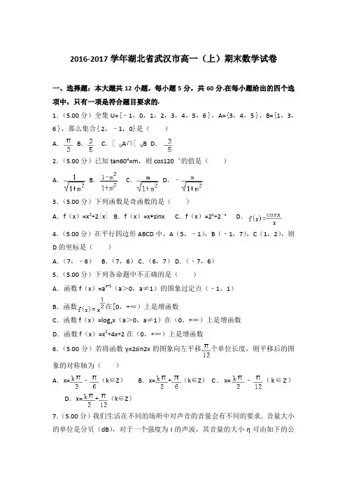 2016-2017学年湖北省武汉市高一(上)期末数学试卷