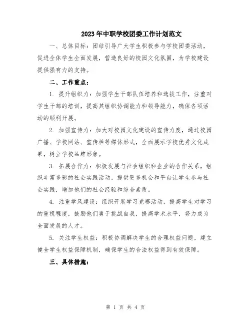 2023年中职学校团委工作计划范文