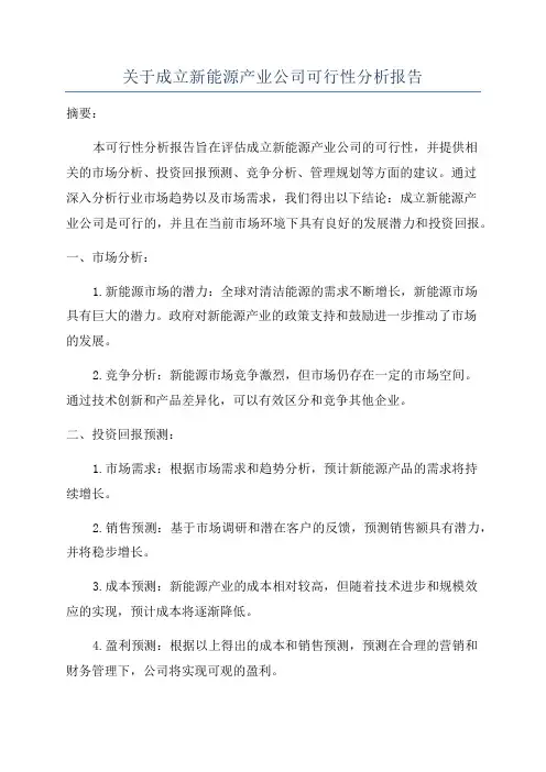 关于成立新能源产业公司可行性分析报告