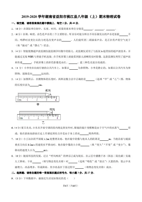 2019-2020学年湖南省益阳市桃江县八年级(上)期末物理试卷
