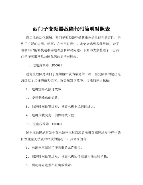 西门子变频器故障代码简明对照表