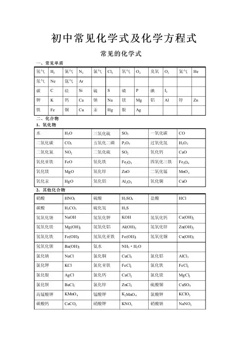 初中化学方程式及化学式