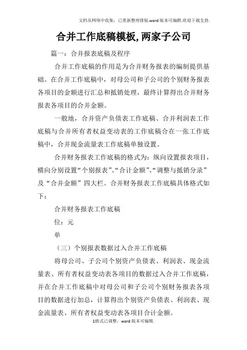 合并工作底稿模板,两家子公司