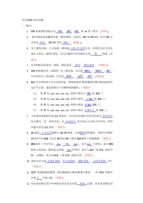 华为MSC部分试题(等级)