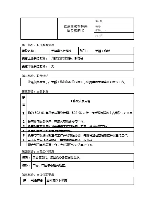 党群工作部党建事务管理岗岗位说明书