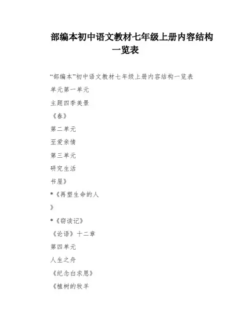 部编本初中语文教材七年级上册内容结构一览表