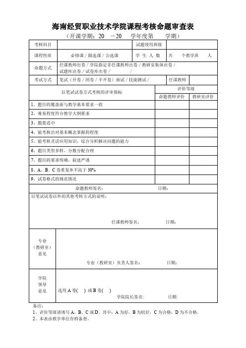 海南经贸职业技术学院课程考核命题审查表【模板】