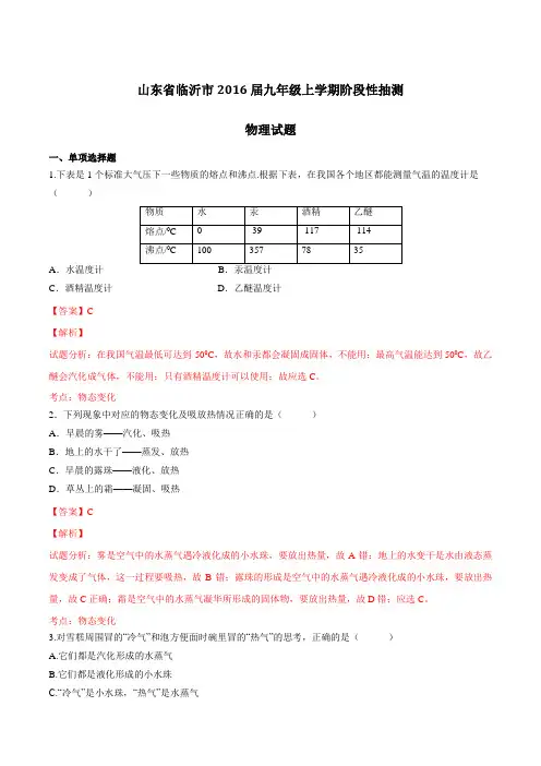山东省临沂市2016届九年级上学期阶段性抽测物理试题解析(解析版)