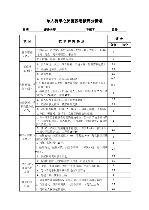 单人徒手心肺复苏考核评分标准