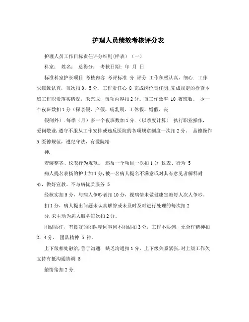 护理人员绩效考核评分表