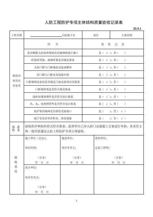 人防工程防护专项主体结构质量验收记录表