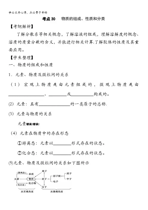 山西省忻州市第一中学高三化学一轮复习学案考点物质的组成、性质和分类