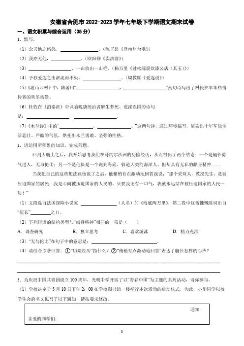 安徽省合肥市2022-2023学年七年级下学期语文期末试卷(含答案)4