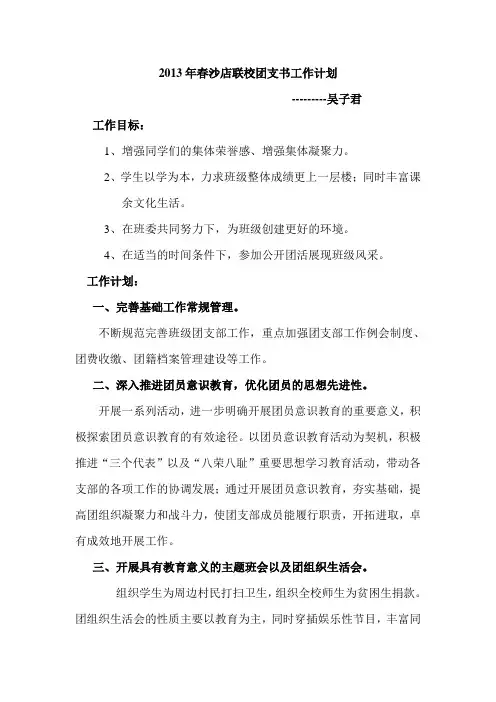 沙店联校2013年春团支部工作计划