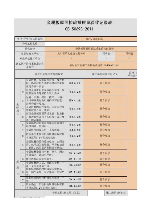 金属板屋面检验批质量验收记录表