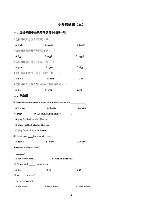 小升初英语六年级下册英语刷题（五） 教科版含答案
