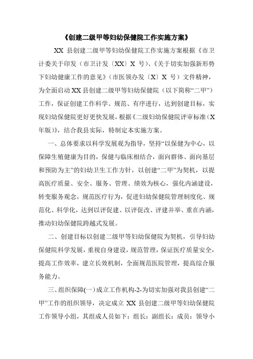 《创建二级甲等妇幼保健院工作实施方案》.doc