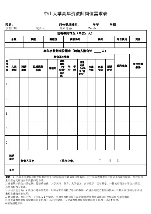 中山大学高年资教师岗位需求表