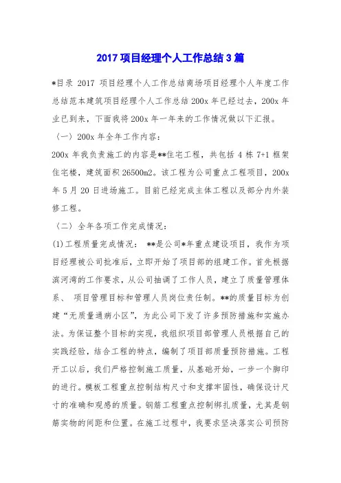 2017项目经理个人工作总结3篇