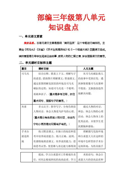 第八单元知识盘点(含字词、佳句、感知、考点)三年级语文上册(部编版,有答案)