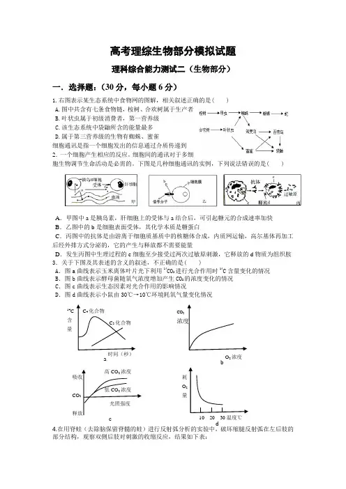 高考理综生物部分模拟试题2(附答案)