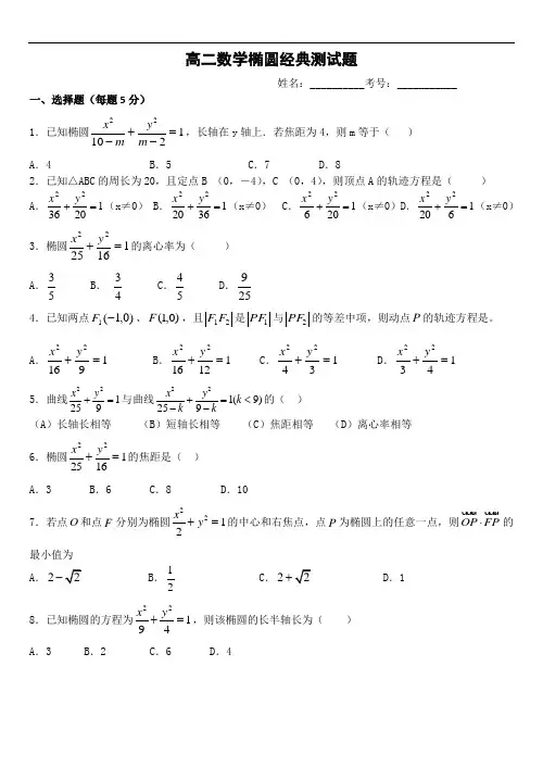 2019-2020学年高二数学椭圆测试题